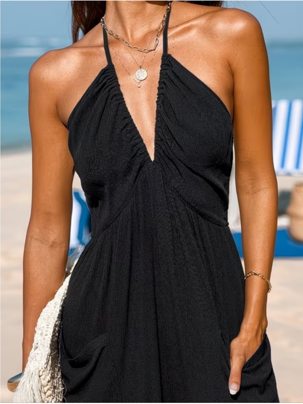 Black Halter Jumpsuit with Pockets - Picture 2 of 12